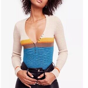 Bohme retro v neck women sweater long sleeve knitwear viscose blue cream size S